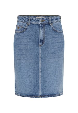 Modrá džínová sukně ke kolenům s předními kapsami, poutky na pásek, zapínáním na knoflíky a viditelnými švy.