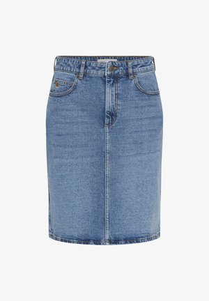 Blå denim nederdel til knælængde med forlommer, bæltestropper, knaplukning og synlige syningsdetaljer.