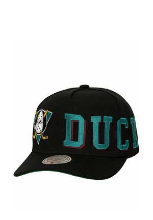 Schwarze Kappe mit aquamarin- und kastanienbraun gestickten Buchstaben, die "DUCK" buchstabieren, sowie einem Logo mit einer Eishockeymaske. Einfarbige Textur mit gebogenem Schirm.