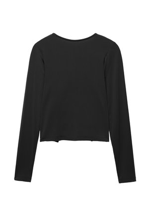 Black long-sleeve top with a rounded neckline, cropped design, smooth texture, and no visible patterns or hardware details.
