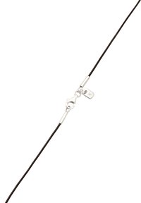 Bruine leren koord met een zilveren oorkrabbersluiting en een klein labeldetail. Kenmerkt zich door een gladde textuur en een eenvoudig, elegant ontwerp.