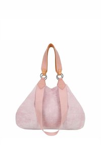 Roze suede schoudertas met dubbele stoffen hengsels, leren accenten en zilveren ringbeslag. Heeft een zachte, gestructureerde surface en een gebogen vorm.