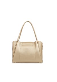 Borsa a mano in pelle beige con finitura testurizzata, due manici a spalla e una tasca frontale, dotata di chiusura con zip e forma arrotondata.