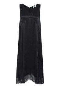 Schwarzes ärmelloses Kleid mit V-Ausschnitt, das mit durchscheinendem Spitzenbesatz entlang des Saums und einem leicht strukturierten Stoff versehen ist.