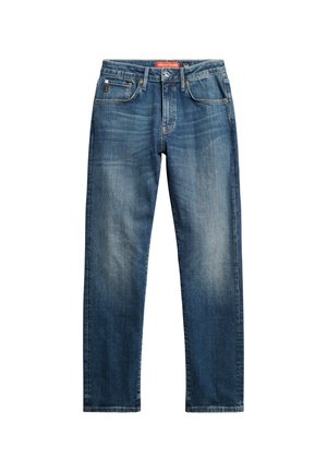 Niebieskie dżinsy o prostym kroju nogawki, z zamkiem błyskawicznym, pięcioma kieszeniami oraz lekko zniszczonym wykończeniem z subtelnymi detalami w postaci przetarć.