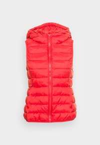 Rote gepolsterte Weste mit Kapuze, ausgestattet mit einem Reißverschluss vorne, gestepptem Design und Seitentaschen. Aus leichtem, glänzendem Material gefertigt.