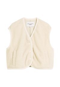 Beige fleecevest med kragefri design, frontlukk med knapper og to sidelommer. Myk tekstur med jevn, kontrasterende kant.