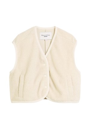 Beige fleece vest met een kraagloos ontwerp, een sluiting met knopen aan de voorkant en twee zijzakken. Zachte textuur met een gladde, contrasterende rand.