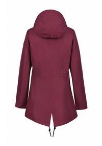Bordeauxfarbene wasserdichte Jacke mit Kapuze, langen Ärmeln und abgerundetem Saum. Verfügt über Kordelzugverstellungen an der Taille und am unteren Saum.