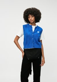 Plavi pleteni prsluk sa uzorkom zvijezda, okrugli izrez i kopčanje na dugmad, nosi se preko bijele majice. Uparen s crnim hlačama i torbom preko ramena.