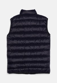 Navy puffer vest with a high collar, quilted texture, and sleeveless design. Features horizontal stitching and a smooth, shiny finish.