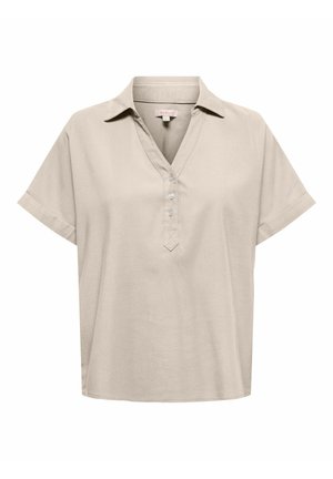 Blouse beige à manches courtes avec col, encolure en V, et trois boutons au centre avant.
