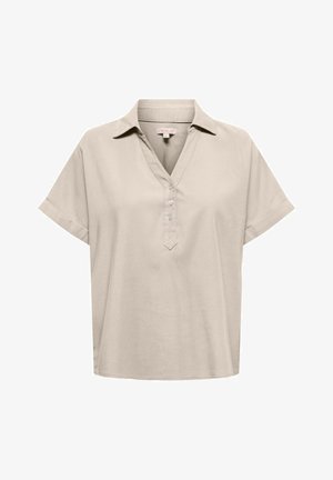 Beige Bluse mit kurzen Ärmeln, Kragen, V-Ausschnitt und drei Knöpfen in der vorderen Mitte.