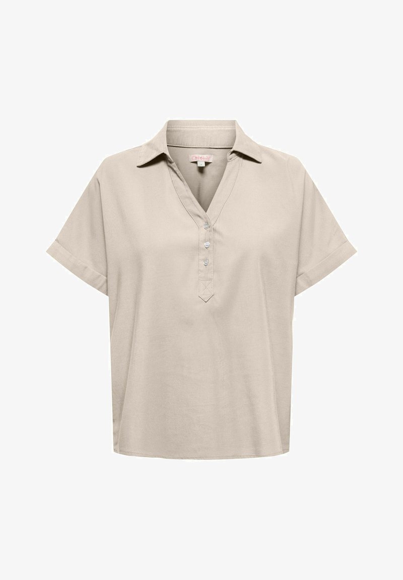 Blouse beige à manches courtes avec col, encolure en V, et trois boutons au centre avant.