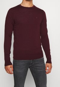 Bordeauxroter Pullover mit langen Ärmeln aus weichem Material, mit Rundhalsausschnitt und einem kleinen Logodetail auf der Brust.