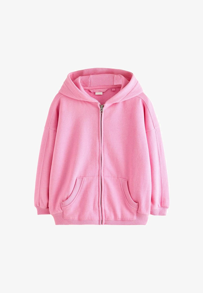 Rosa Kapuzenjacke mit Reißverschluss, Kapuze, gerippten Bündchen und Fronttaschen. Das Material hat eine weiche Textur und eine lässige Silhouette.