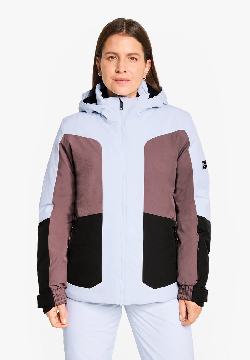 Giacca da sci blu chiaro e marrone con cappuccio, caratterizzata da un design a blocchi di colore, polsini elasticizzati e tasche laterali con zip.