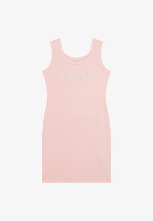 Roza rebrasta obleka brez rokavov, ki ima okrogle izreze in vezeno "GUESS" logotip na sprednji strani. Oblika slim fit.