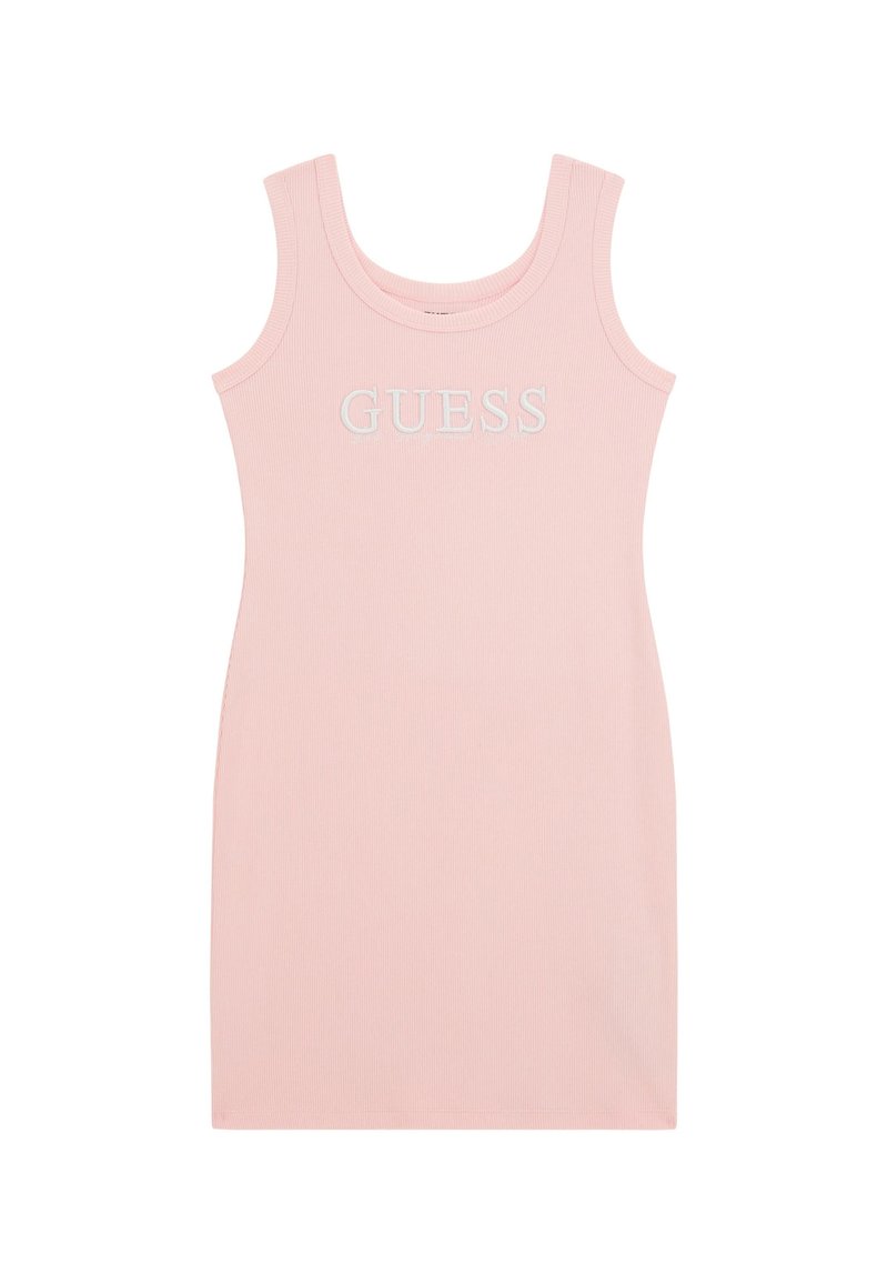 Rožinė ripsuota suknelė be rankovių su apvaliu iškirpimu ir išsiuvinėtu "GUESS" logotipu priekyje. Liesas siluetas.