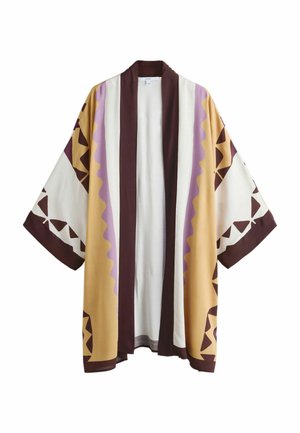Offen vorne getragene Jacke im Kimono-Stil mit weitem Ärmeln, Stoff mit geometrischen Mustern in Braun, Lila, Weiß und Senfgelb.