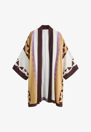 Jachetă stil kimono cu deschidere frontală, mâneci largi, modele geometrice în nuanțe de maro, violet, alb și galben muștar pe material.
