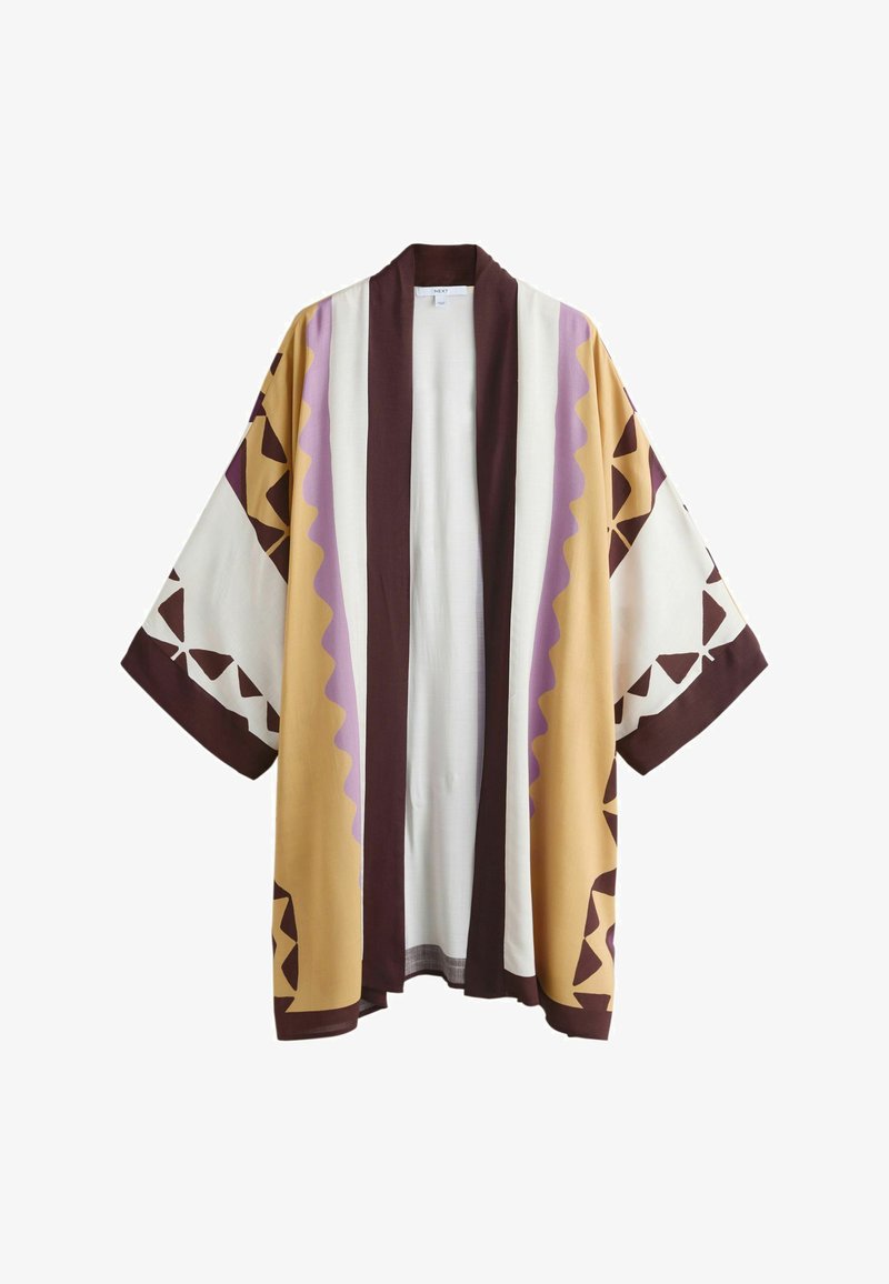 Veste style kimono à ouverture frontale avec manches larges, motifs géométriques marron, violet, blanc et jaune moutarde sur le tissu.