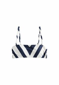 Bandeau bikini top u mornarskoj plavoj i bijeloj prugastoj boji s tankim podesivim trakama, mekim materijalom i nabranim bočnim detaljima.
