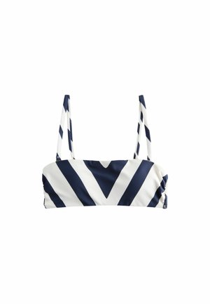 Bandeau bikini top u mornarskoj plavoj i bijeloj prugastoj boji s tankim podesivim trakama, mekim materijalom i nabranim bočnim detaljima.