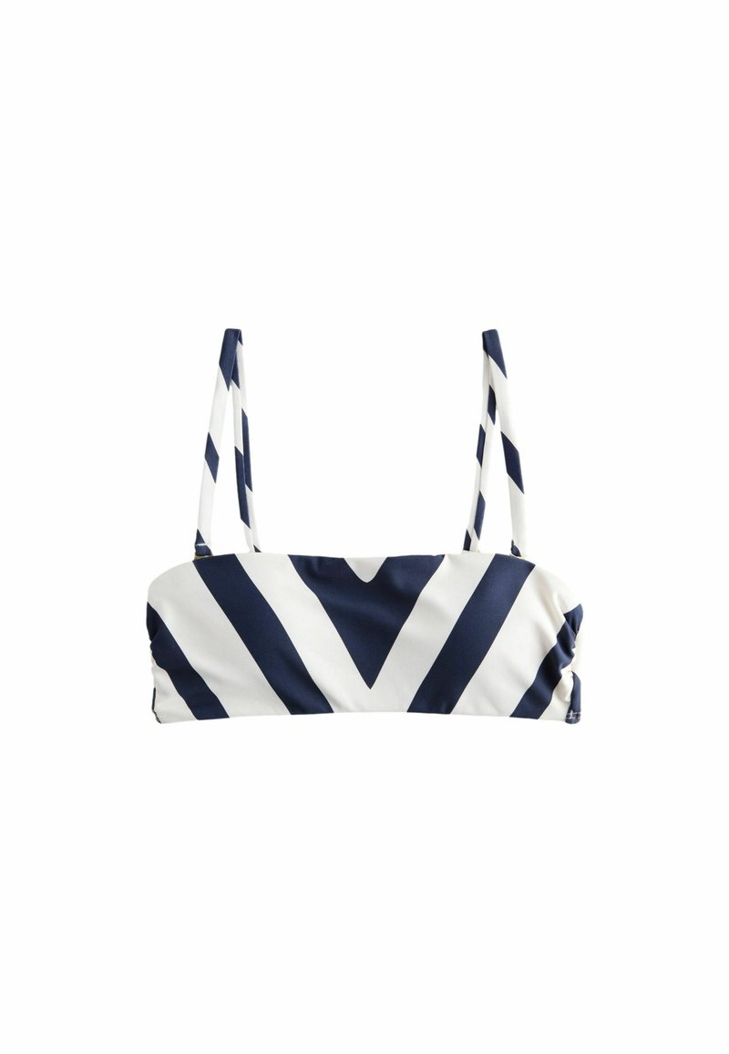 Bandeau bikini top u mornarskoj plavoj i bijeloj prugastoj boji s tankim podesivim trakama, mekim materijalom i nabranim bočnim detaljima.