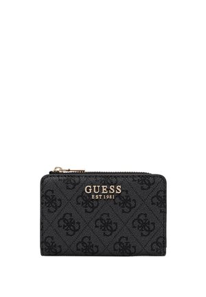 Portafoglio nero Guess con chiusura a zip, caratterizzato da un motivo monogramma e logo "GUESS EST 1981" in tonalità oro sulla parte anteriore.