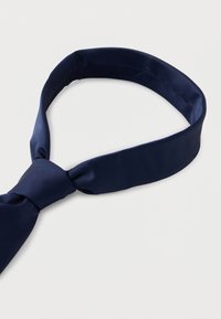 Cravate en soie bleu marine avec une texture lisse et un design classique, présentant un nœud soigné à une extrémité et une forme effilée.