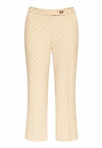 Pantaloni beige con un motivo a diamante testurizzato, caratterizzati da una finitura liscia, vestibilità slim e un bottone dorato in vita.