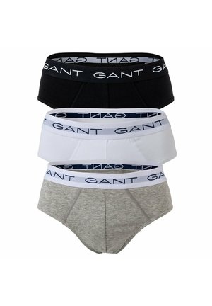 Drei Herren-Slips in Schwarz, Weiß und Grau. Jeder hat einen kontrastierenden Bund mit dem "GANT"-Logo. Baumwollmischgewebe, elastisches Design.