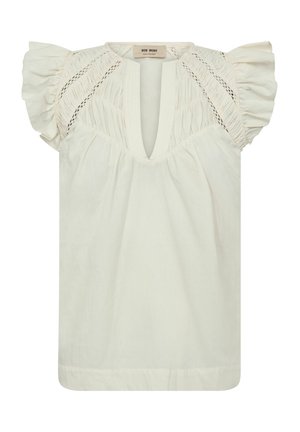 Kremowa bluzka z głębokim dekoltem w kształcie litery V, marszczonymi koronkowymi panelami na ramionach i krótkimi falbaniastymi rękawami, pokazana płasko na białym tle.