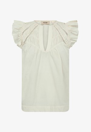 Kremowa bluzka z głębokim dekoltem w kształcie litery V, marszczonymi koronkowymi panelami na ramionach i krótkimi falbaniastymi rękawami, pokazana płasko na białym tle.