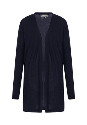 Granatowy kardigan z długim rękawem, wykonany z lekkiego materiału. Posiada głęboki dekolt w kształcie litery V, otwarty przód oraz boczne kieszenie. Gładka faktura, luźny krój.