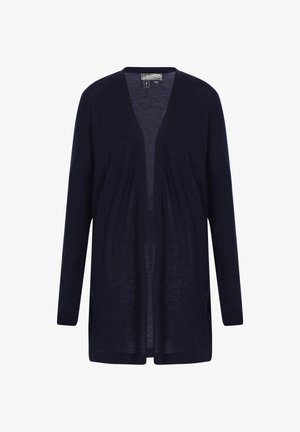 Marineblauer Langarm-Cardigan aus leichtem Material. Mit tiefem V-Ausschnitt, offener Vorderseite und Seitentaschen. Glatte Textur, lässige Passform.