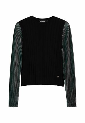 Zwarte geribbelde trui met lange mouwen en een textuur met gestreepte mouwen in groen en zwart. Heeft een ronde hals en een klein logo aan de voorkant.