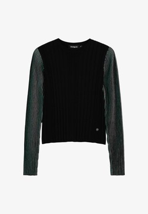 Must triibuline musta värvi soonikkoes pikakarvaline kampsun, millel on rohelised ja mustad tekstuuriga triibulised varrukad. Küljel on ümmargune kaelus ja ees väike logo.