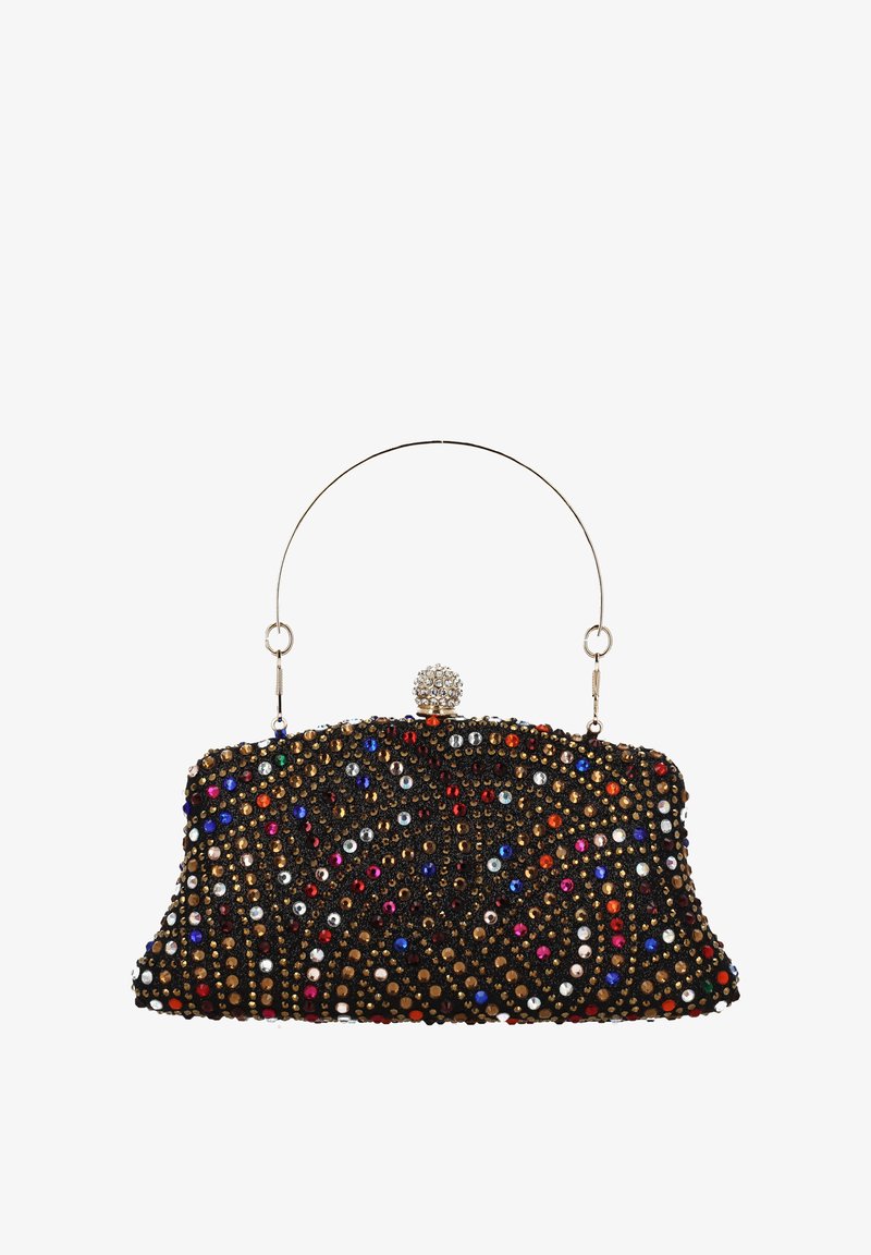 Fekete kézitáska bonyolult, színes mintájú gyöngyözéssel, ezüst fém fogantyúval és strasszos csattal.