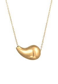 Goldfarbene Halskette mit einem glatten, geschwungenen Anhänger mit glänzender Oberfläche, der an einer zarten Kette mit ovalen Gliedern befestigt ist.