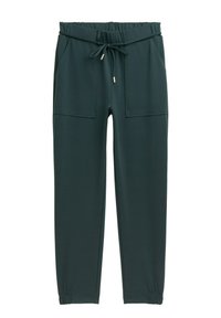Dunkelgrüne Jogginghosen mit elastischem Bund, verstellbarem Kordelzug, zwei großen Vordertaschen und elastischen Bündchen an den Knöcheln.