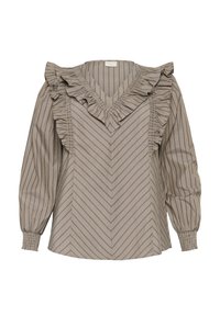 Blusa beige con rayas verticales en azul marino, escote en V con volantes y mangas largas abullonadas con puños elásticos. Tela ligera y texturizada.