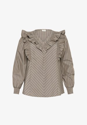 Blouse beige avec des rayures verticales bleu marine, décolleté en V volanté et manches longues bouffantes avec des poignets élastiques. Tissu léger et texturé.