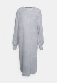 Robe tricotée gris avec des manches bouffantes longues et un col rond, présentant une coupe droite et un ourlet longueur cheville.