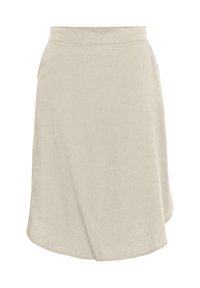 Jupe A-line en lin beige avec une texture lisse, ourlet mi-long et une large ceinture pour un ajustement confortable.