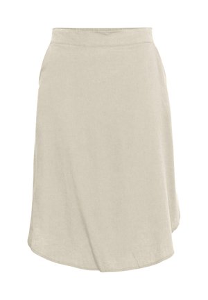 Beige Leinen-A-Linien-Rock mit glatter Textur, mittellangem Saum und breitem Bund für eine bequeme Passform.