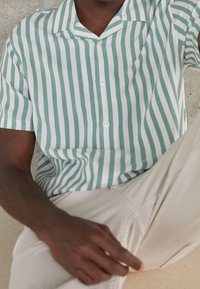 Korte mouwen overhemd met verticale groene en witte strepen, gemaakt van een zachte stof met een campkraag ontwerp.