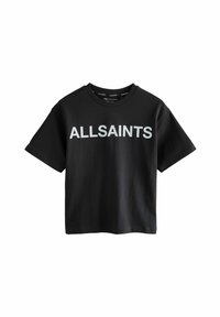 Juodas medvilnės marškinėlis su trumpomis rankovėmis ir apvaliu iškirpimu. Išskirtinis didelis sidabrinis "ALLSAINTS" logotipas spausdintas priekyje.