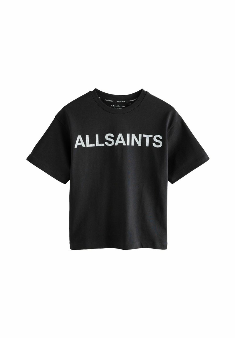 Juodas medvilnės marškinėlis su trumpomis rankovėmis ir apvaliu iškirpimu. Išskirtinis didelis sidabrinis "ALLSAINTS" logotipas spausdintas priekyje.